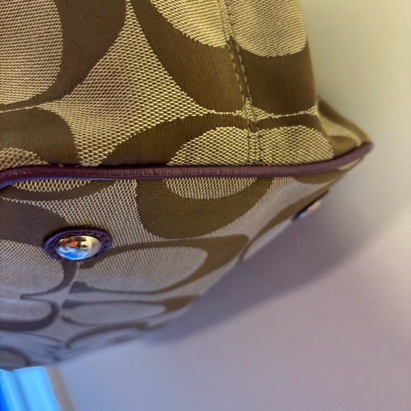 Coach Brown Canvas Tote Shoulder Bag w/ Purple Strip & Handles - Picture 11 of 11